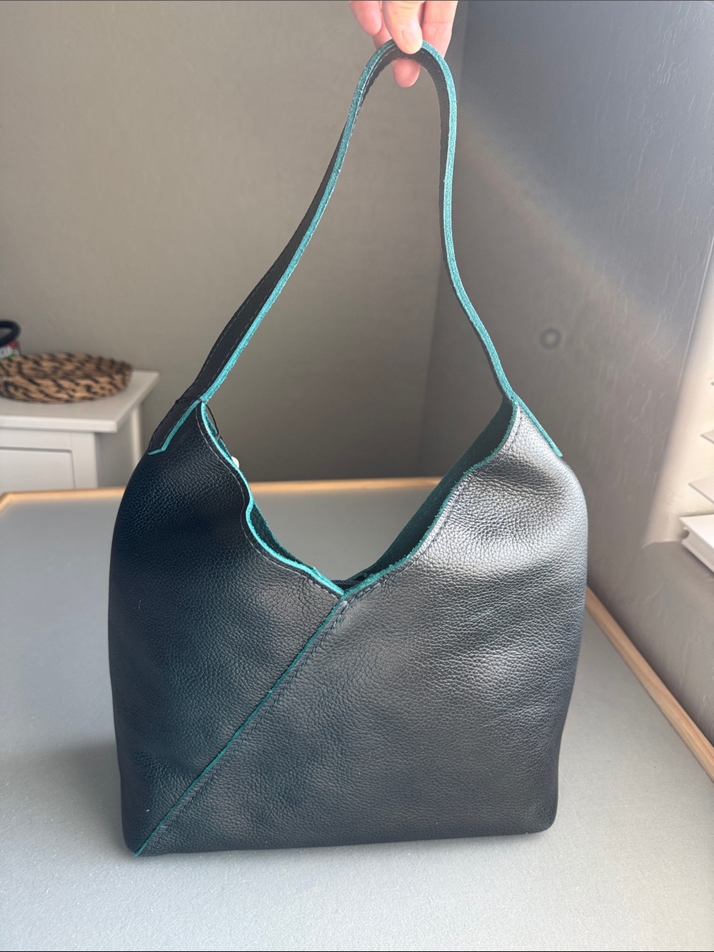 Portland Leather Black Shoulder Bag with Teal Interior - Picture 2 of 11